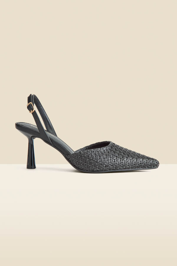Black Raffia Flared Heel Slingback Court Shoes