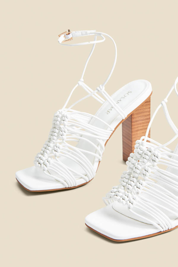 White Gladiator Square Toe Block Heel Sandals