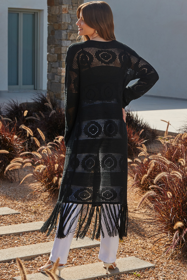 Black Crochet Tassel Detail Maxi Cardigan