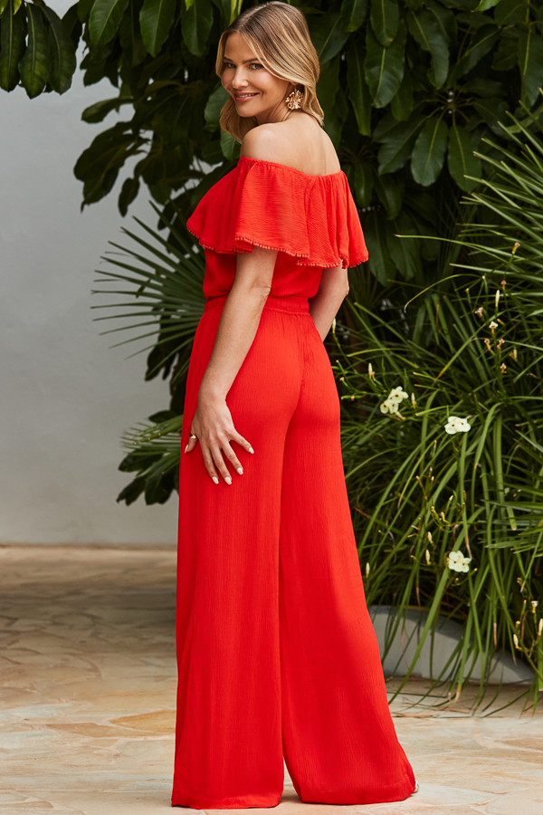 Red Crinkle Wide Leg Trousers