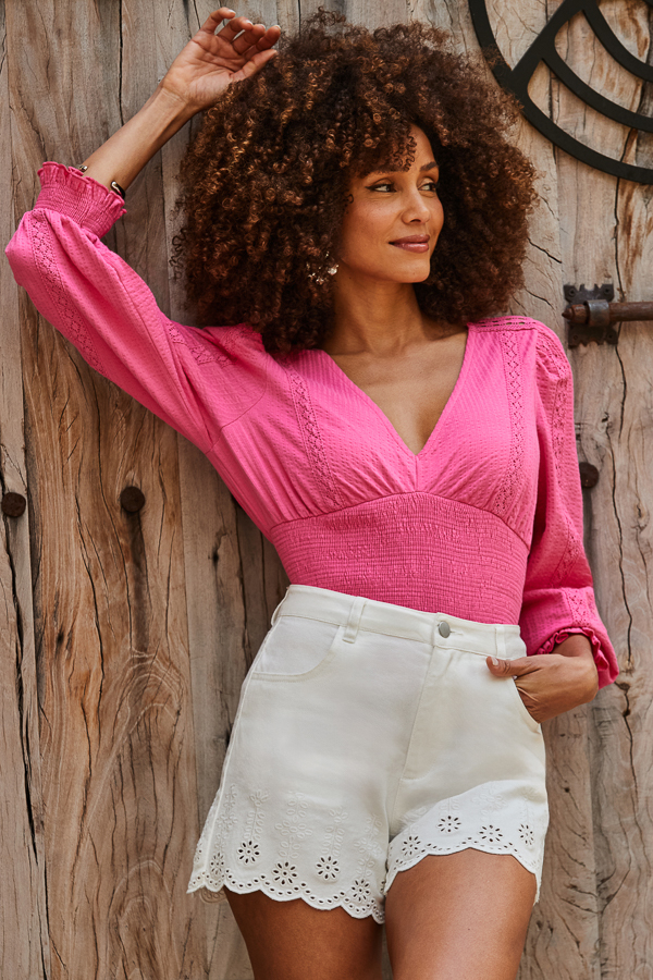 Hot Pink Shirred Detail Cotton Top