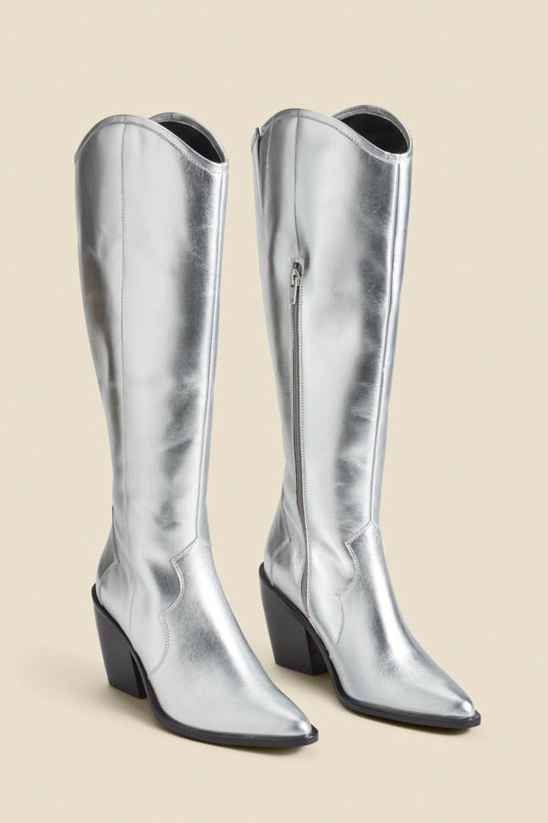 Silver Leather Knee High Western Boot
