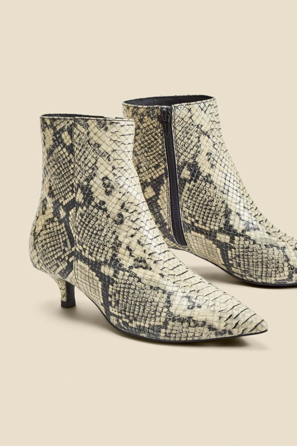 Snake Print Leather Kitten Heel Ankle Boots