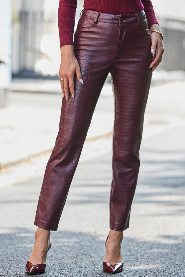 Burgundy Croc Faux Leather Straight Leg Trouser
