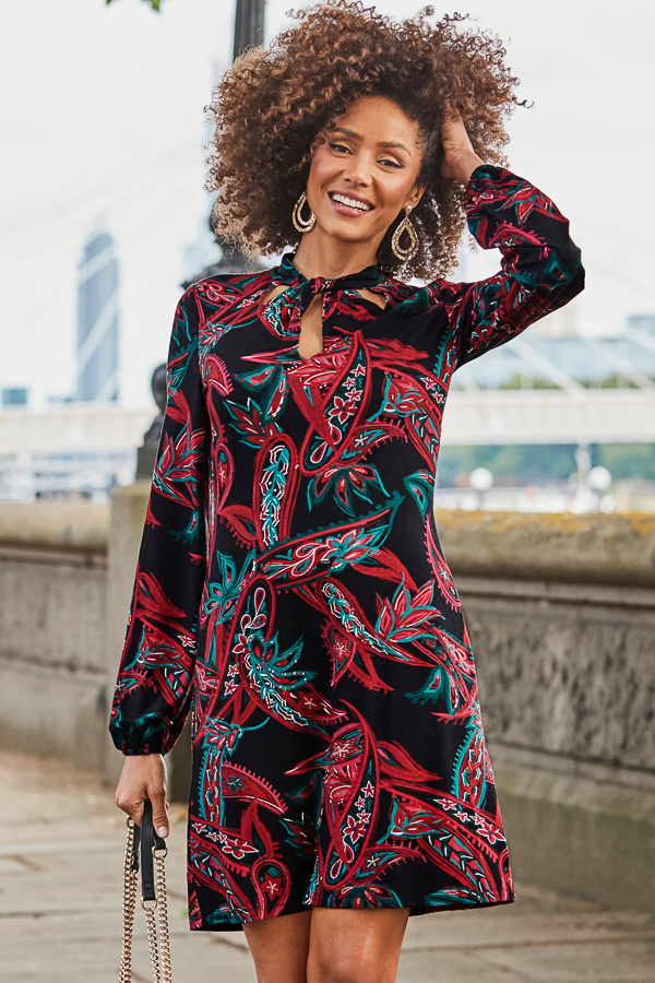 Black Paisley Print Cut Out Detail Shift Dress