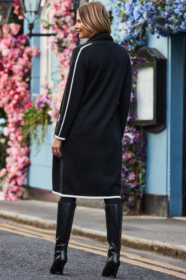 Black Contrast Trim Cardigan With Scarf