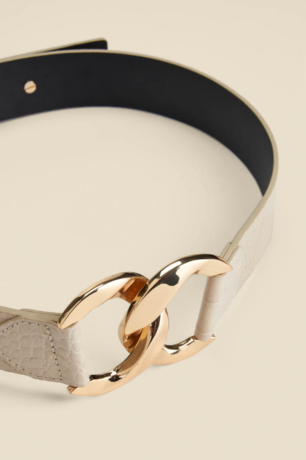 Ecru Croc Leather Waist Belt With Gold Clasp