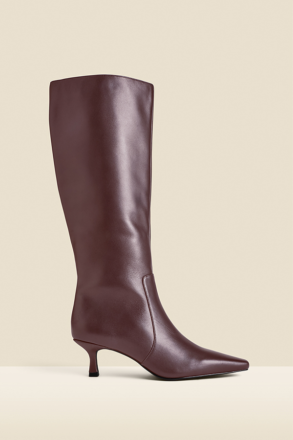 Burgundy Knee High Low Heel Boots