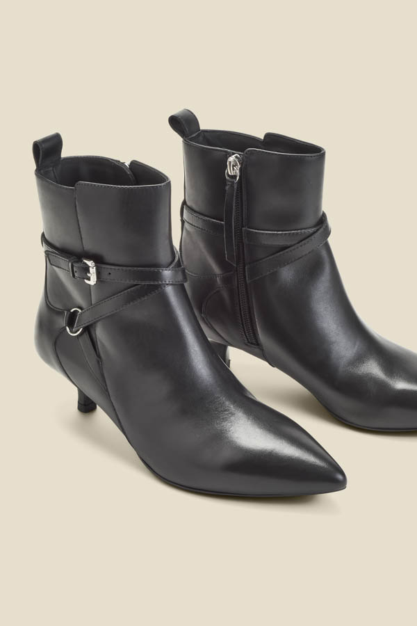 Black Leather Kitten Heel Ankle Boots With Buckle Detail