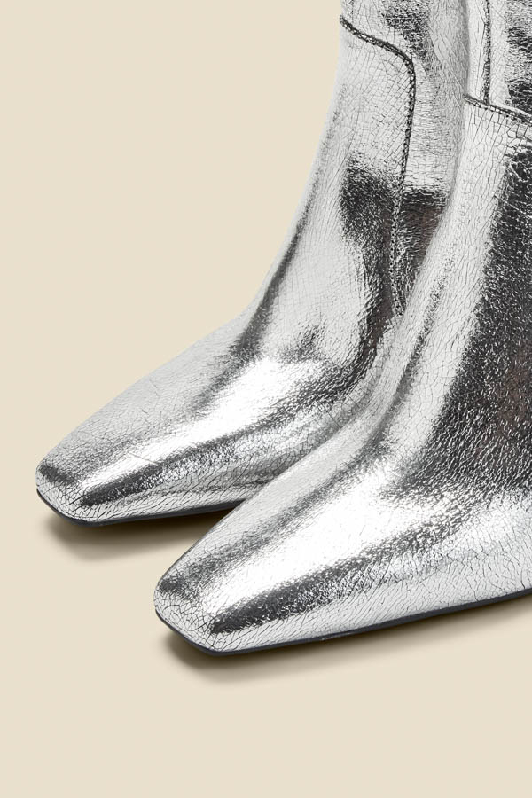 Silver Leather Square Toe Ankle Boot