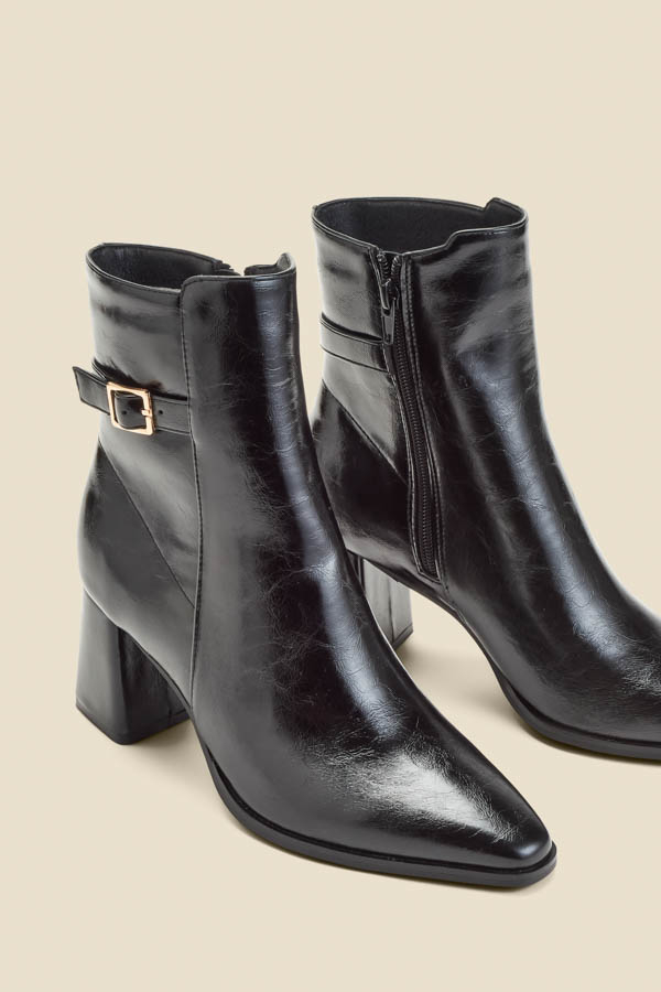 Black Block Heel Ankle Boots With Buckle Trim