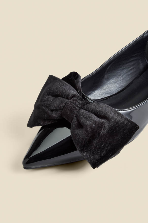Black Patent Ballet Pumps With Velvet Bow