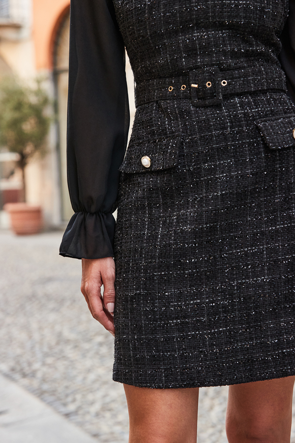 Black Metallic Boucle Dress With Sheer Sleeves