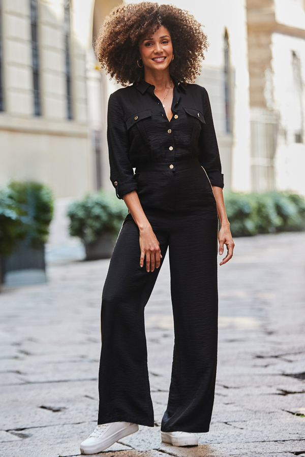 Black & Camel Side Stripe Button Front Jumpsuit