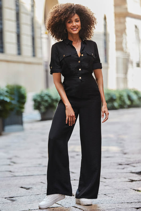 Petite Black & Camel Side Stripe Button Front Jumpsuit