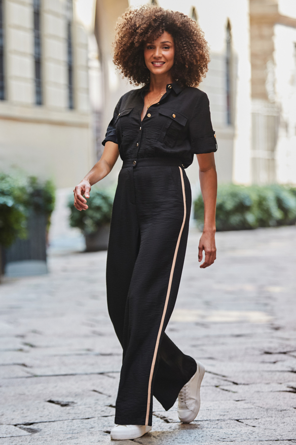 Petite Black & Taupe Side Stripe Button Front Jumpsuit