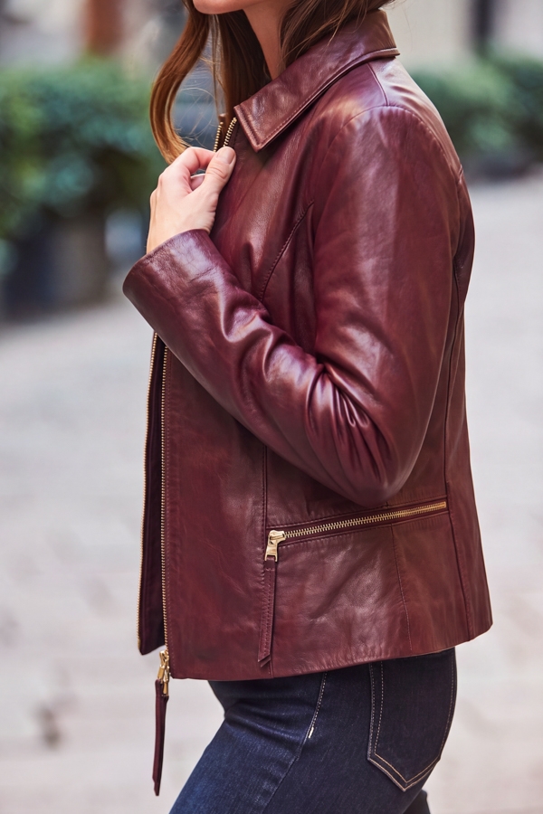 Burgundy Zip Detail Collared Leather Jacket