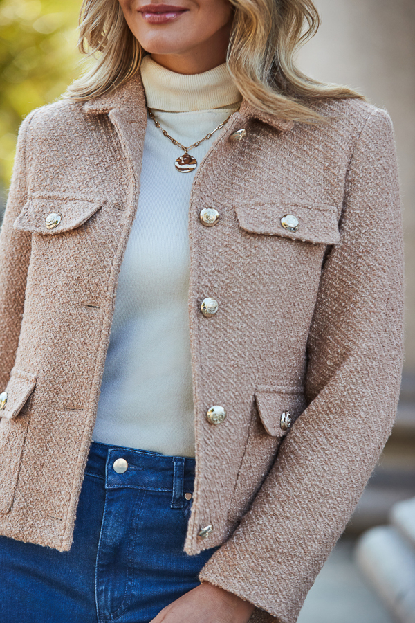 Camel Boucle Jacket With Gold Buttons