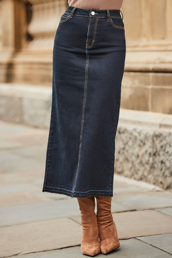 Dark Indigo Denim Midi Skirt