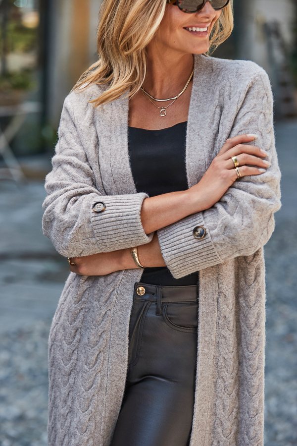 Taupe Cable Knit Button Cuff Longline Cardigan