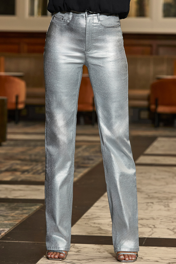 Silver Metallic Slim Wide Leg Jeans