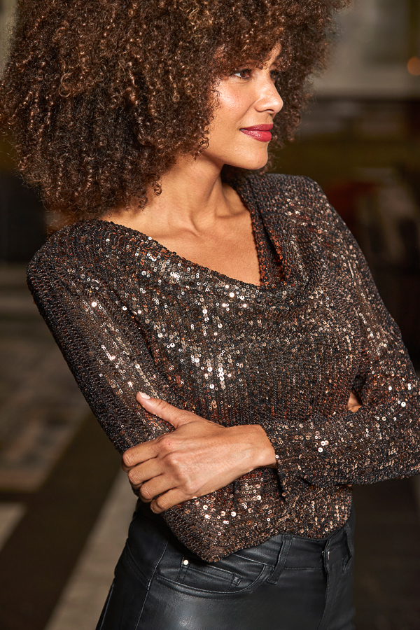 Petite Bronze Sequin Cowl Neck Top