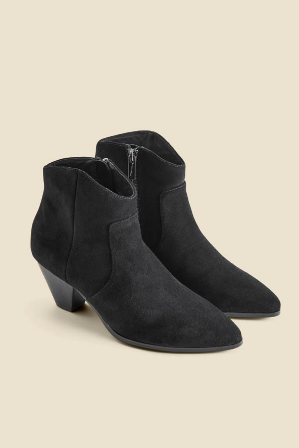 Black Suede Western Stack Heel Ankle Boots