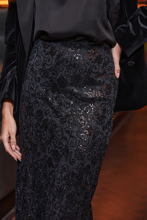 Black Premium Sequin & Lace Midi Skirt