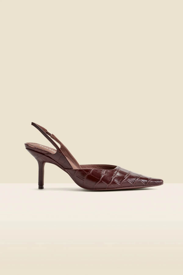 Dark Brown Croc Leather Slingback Heels