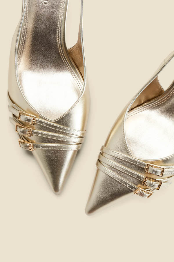 Gold Leather Buckle Detail Kitten Heel Slingbacks