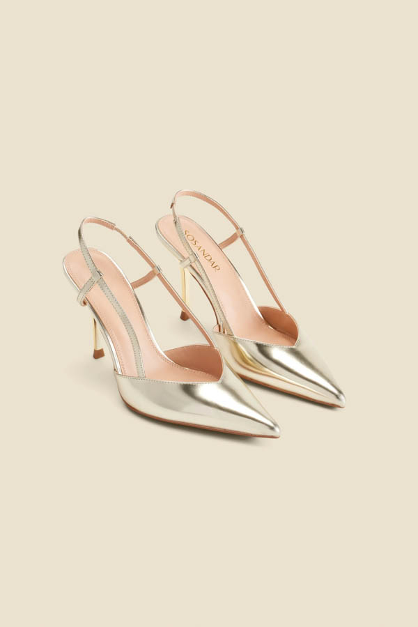 Gold Flared Heel Slingback Court Shoes