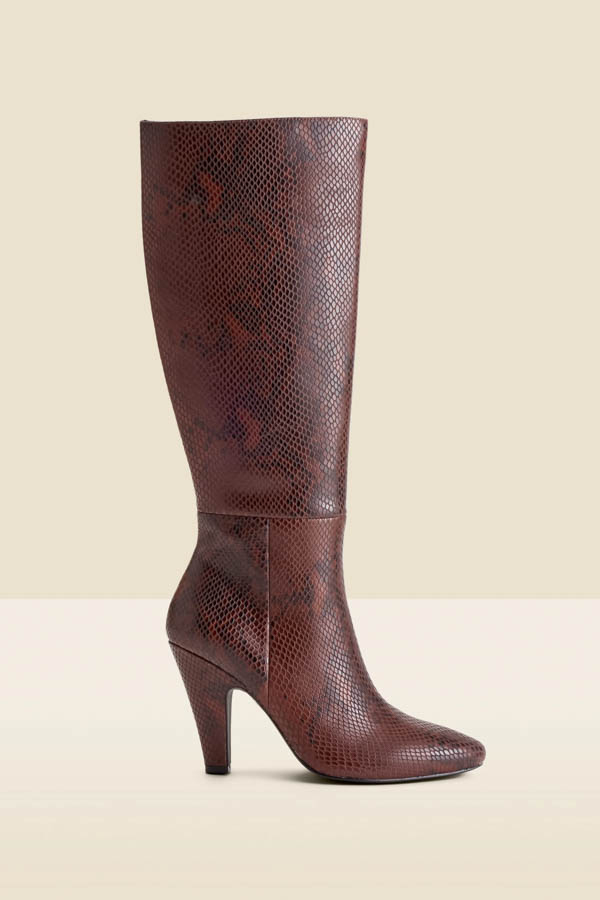 Brown Snake Print Leather Knee High Heeled Boots