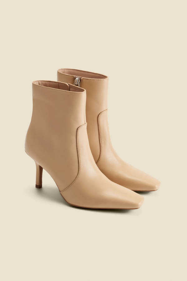 Ecru Leather Square Toe Ankle Boot