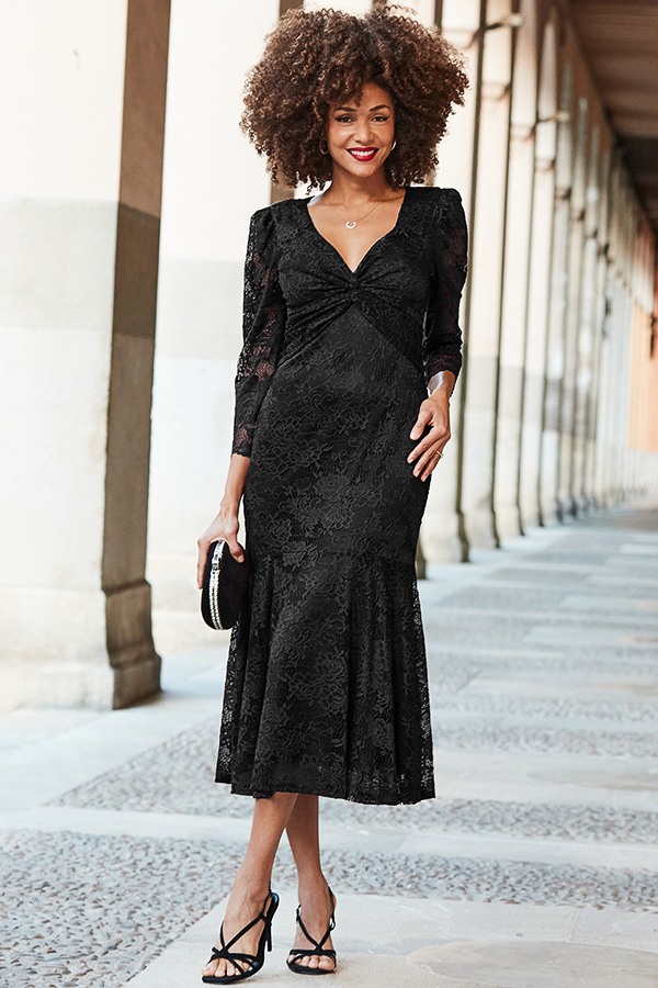 Black Lace Twist Front Midi Dress