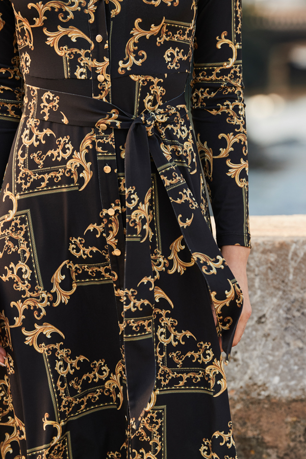 Black & Gold Baroque Print Midi Shirt Jersey Dress