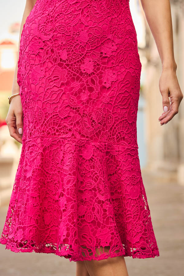 Hot Pink Premium Lace Ruffle Hem Midi Dress