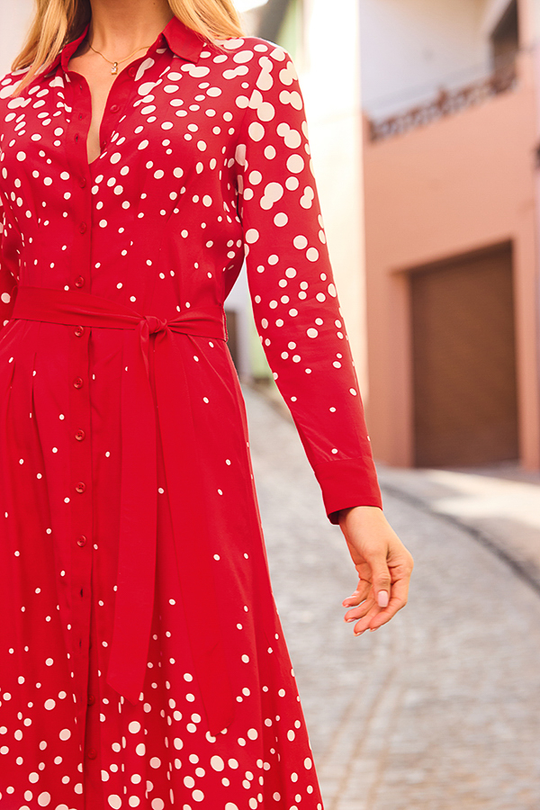 Red & White Geometric Print Shirt Dress
