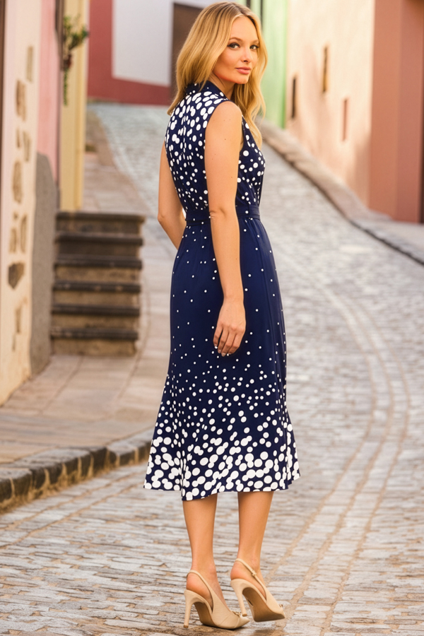 Navy Blue Spot Print Sleeveless Midi Shirt Dress