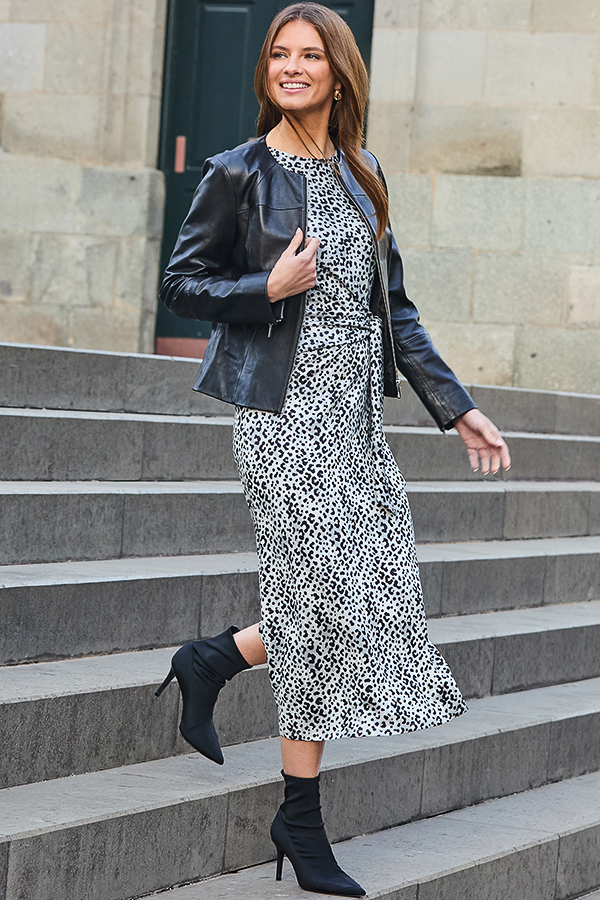 Black Zip Front Round Neck Leather Jacket