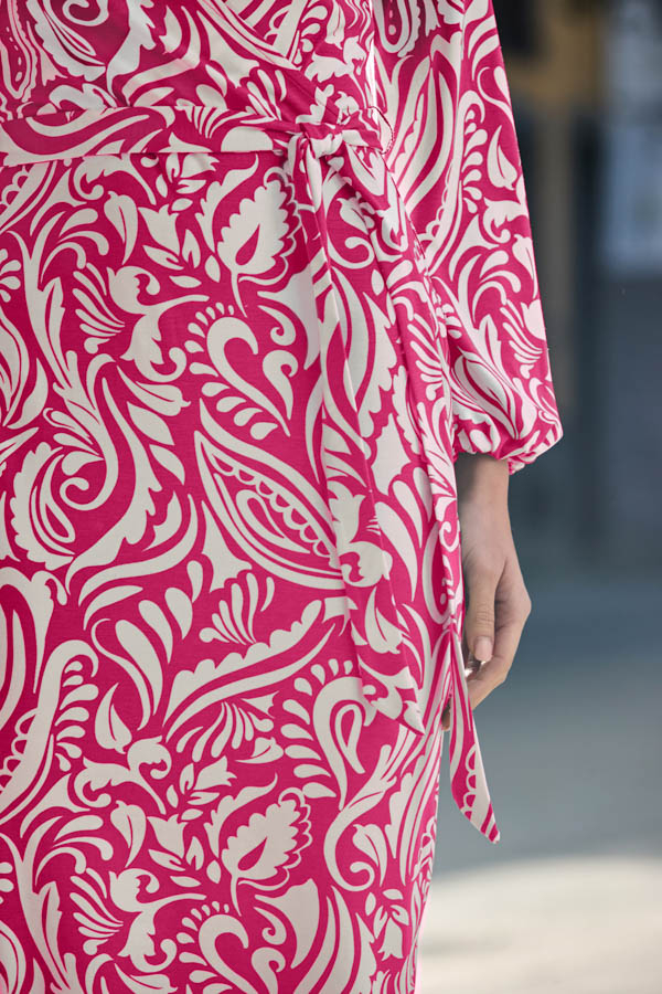 Pink Paisley Print Faux Wrap Dress