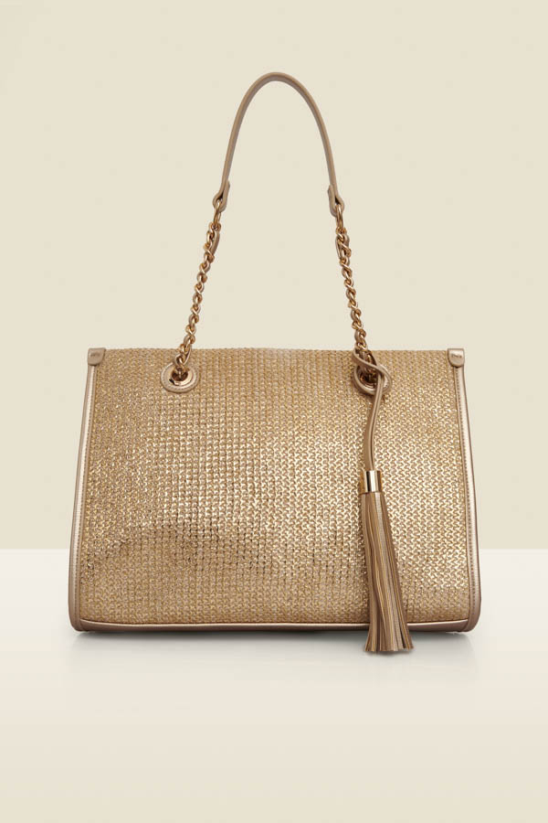 Gold Metallic Tassel Detail Raffia Tote Bag