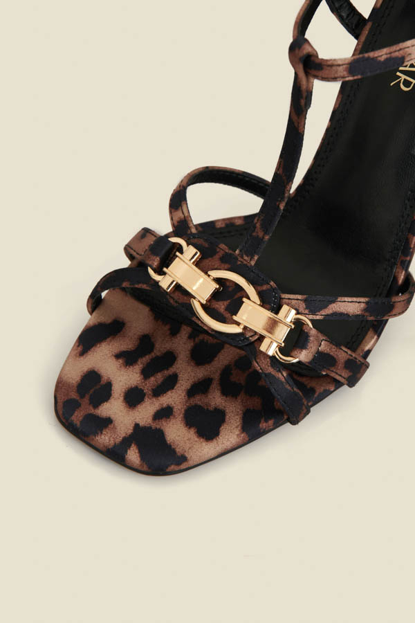 Leopard Print Strappy Sandal With Gold Buckle Trim