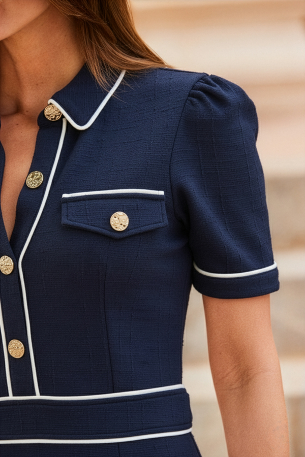 Navy Blue Boucle Contrast Trim Dress With Luxe Gold Buttons