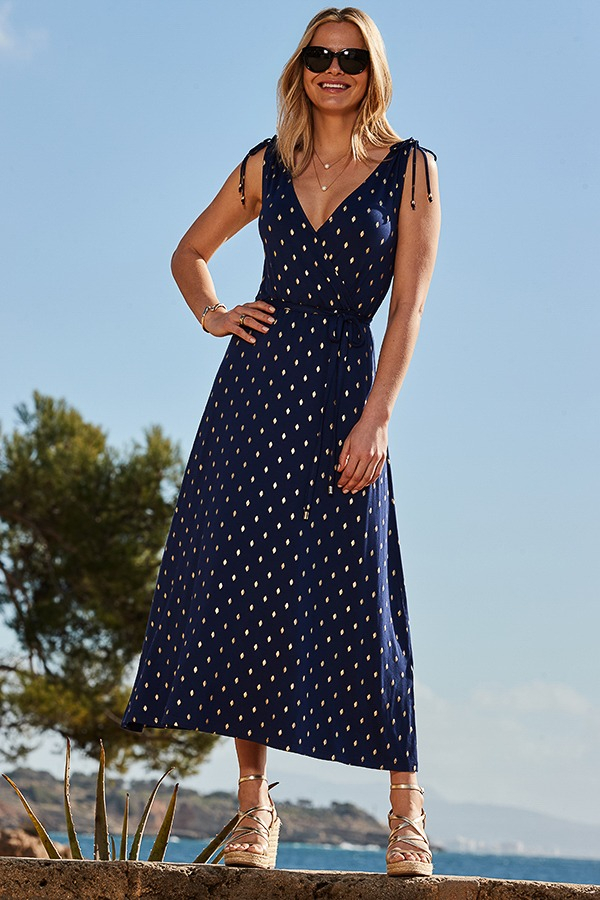 Navy Blue & Gold Metallic Spot Tie Waist Dress