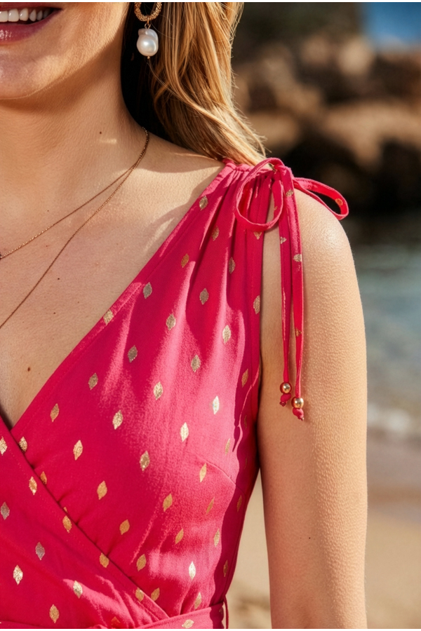 Coral & Gold Metallic Fleck Print Wrap Dress