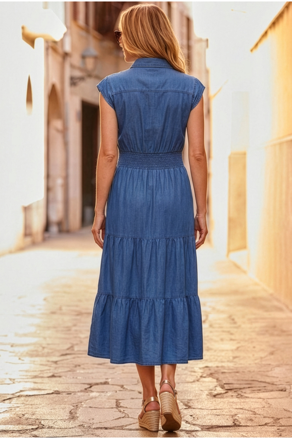 Mid Blue Shirred Waist Button Front Denim Dress