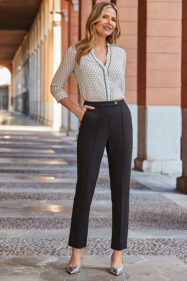 White & Black Dobby Spot Contrast Trim Blouse