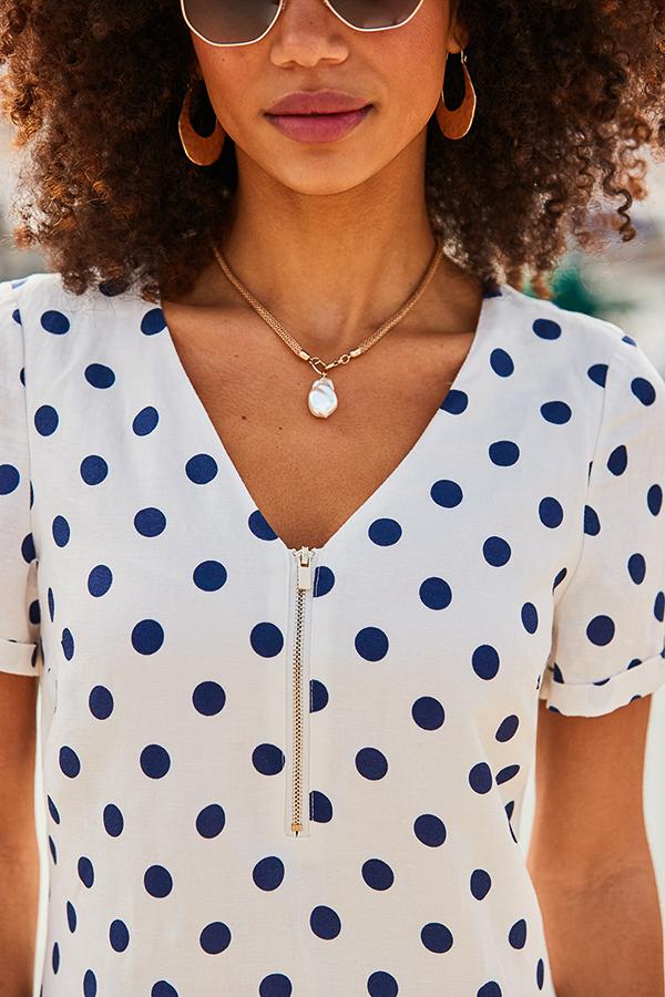 Ivory & Navy Blue Spot Print Linen Blend Shift Dress