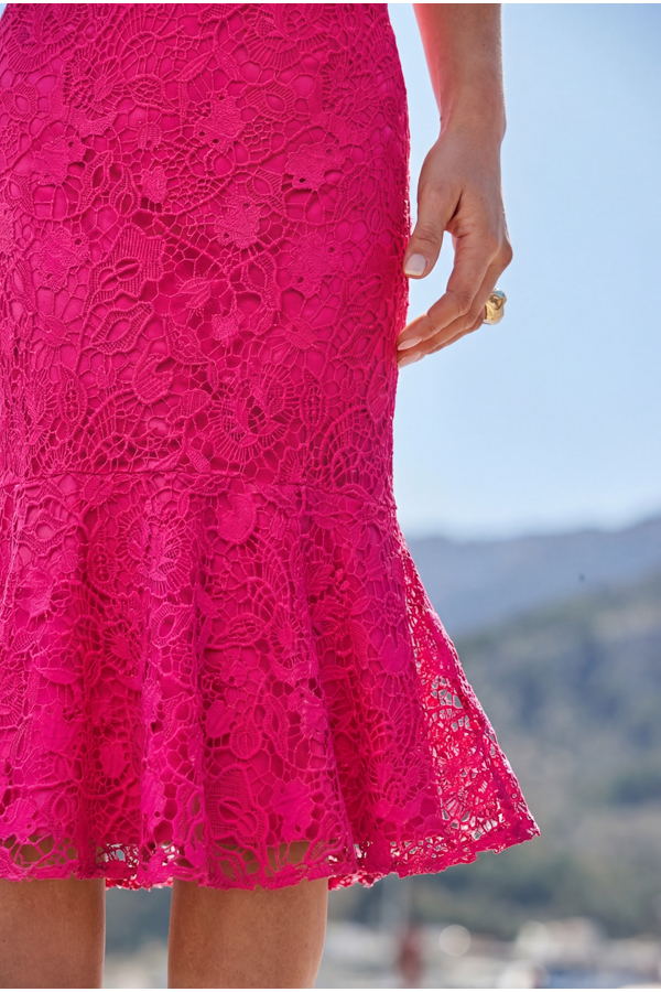 Hot Pink Premium Lace Ruffle Hem Midi Dress