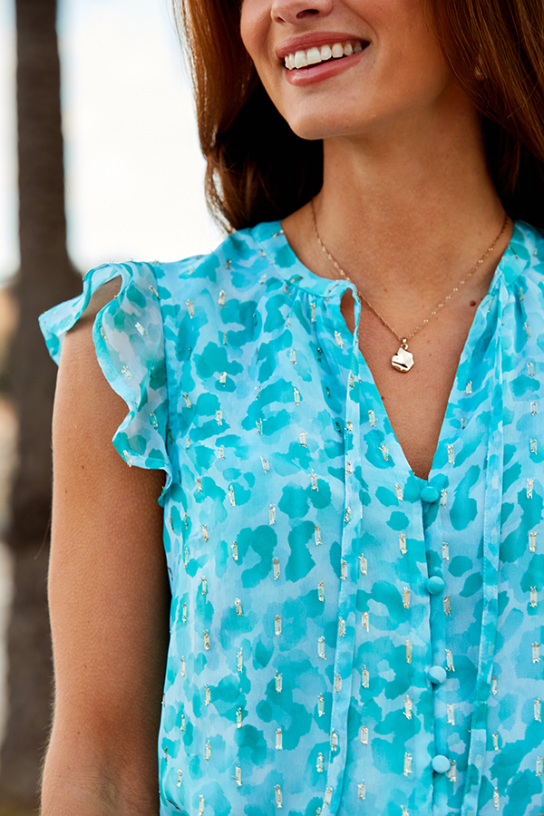 Topaz Blue Metallic Animal Print Flutter Sleeve Top
